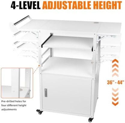 Large Steel AV Cart with Wheels and Drop Leaves, Height Adjustable AV Cart with Locking Cabinet and Power Strips, Rolling Computer Workstation with Pullout Keyboard Tray for Office & Classroom