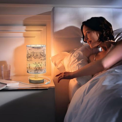 Bedside Lamp West Cactus Cowboy Table Lamp for Bedroom LED Nightstand Lamp Shade USB Ports Wood Base for Living Room Dorm Office