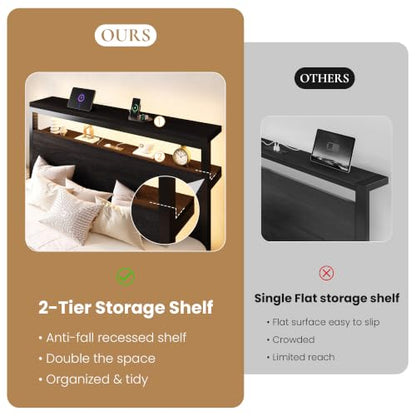 Queen Bed Frame, 2-Tier Storage Headboard, LED, Charging Station
