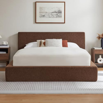 Queen Cloud Bed Frame with Headboard, No Box Spring Needed, Brown-Style A