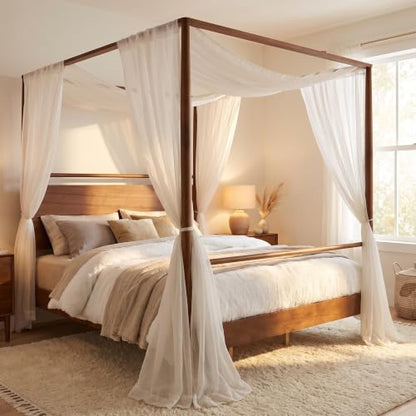 Queen Size Wood Canopy Bed Frame, Walnut Vintage Four-Posters Frames