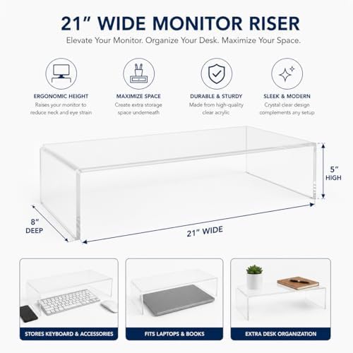 Azar 515360 Acrylic Monitor Stand Riser – Made in USA Laptop stand and Monitor Riser Acrylic Monitor Stand Riser Clear Laptop Stand for Desk Ergonomic Display Riser, Clear (21-Inch-Luxury Handcrafted)