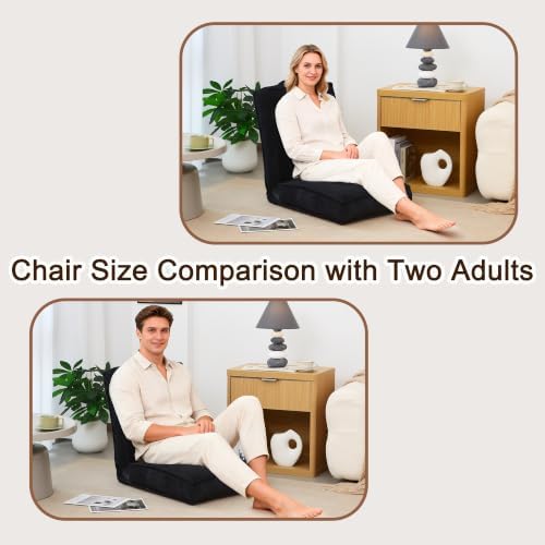 Folding Floor Tatami Chair with Back Support, 6-Position Adjustable, Black