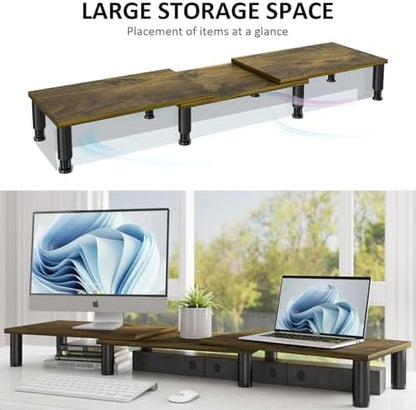 AX WABER Dual Monitor Stand Riser, Monitor Stand with Adjustable Length and Angle, Wood Monitor Stand for Desk, Monitor Riser for 2 Monitors with Storage Space