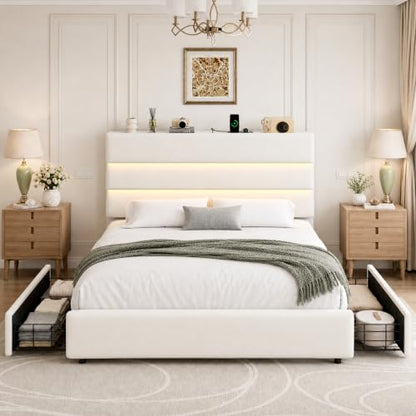 Beige Queen Size Bed Frame with 2 Storage Drawers&Headboard Shelf