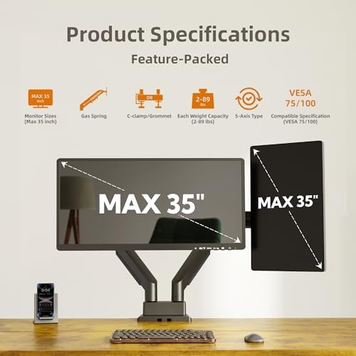 Claiks Dual Monitor Mount for Max 35 inch Screens Stand up to Max 89 lbs, Ergonomic Gas Spring Heavy-Duty Adjustable Monitor Arm, with Clamp and Grommet Base, VESA Mounting Holes 75&100mm, Black