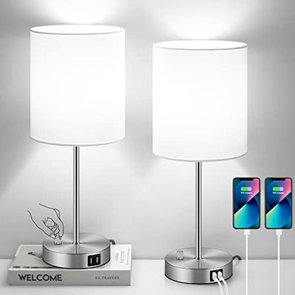 Set of 2 Table Lamps with USB Ports, White Bedside Lamps with AC Outlet