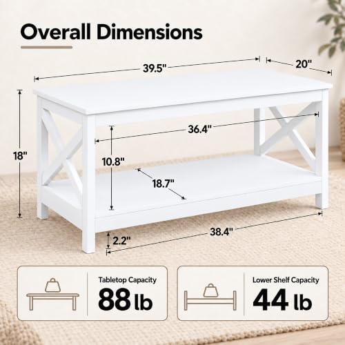 White Coffee Table for Living Room, X-Design Storage Shelf, 39.5"