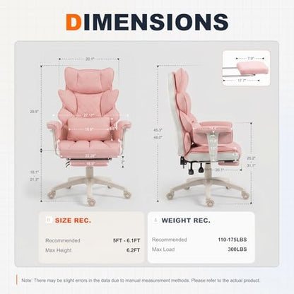 Dowinx Big and Tall Office Chair with Pocket Spring Cushion,High Back Computer Gaming Chairs with Adjustable Armrests,Executive Desk Chairs with Lumbar Support and Footrest,PU-Pink