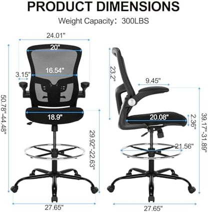 Drafting Chair, Ergonomic Tall Office Chair with Lumbar Support Standing Desk Stool with Flip-up Armrests Comfy High Office Desk Chair with Adjustable Foot Ring for Counter Height Desk, Black