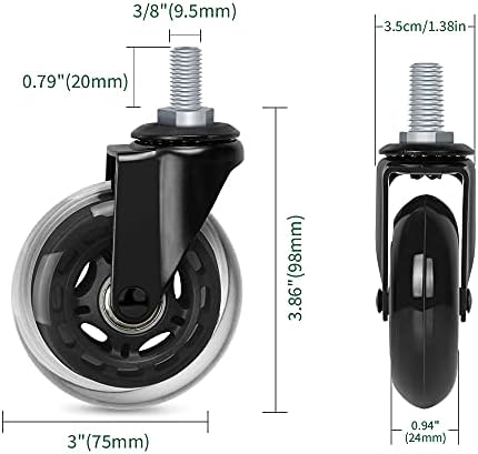 8T8 3 Inch Office Chair Caster Wheels Heavy Duty, Set of 5, 3/8"-16x1 (Not Metric M10), Threaded Stem Casters with Flange Nuts, Replacement PU Rubber Wheels, Safe for Hardwood Tile Floors…