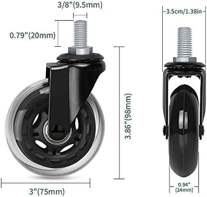 8T8 3 Inch Office Chair Caster Wheels Heavy Duty, Set of 5, 3/8"-16x1 (Not Metric M10), Threaded Stem Casters with Flange Nuts, Replacement PU Rubber Wheels, Safe for Hardwood Tile Floors…