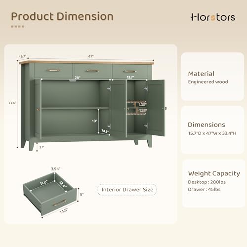 47" W Kitchen Buffet Sideboard Cabinet with Storage Drawers, Green