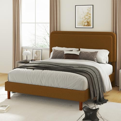 Queen Size Boucle Platform Bed Frame with Adjustable Headboard, Upholstered Cloud Bed, Solid Wooden Legs, Easy Assembly, No Box Spring Needed, Brown