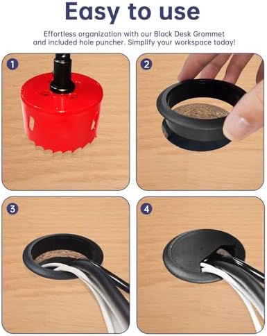Desk Grommet 3-1/8 inch (80mm) - 8 Pack Black Cable Grommet & Desk Hole Cover with Hole Saw for Cables, Cord Management for Office, TV, and Home Table