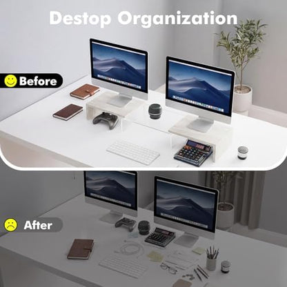 Dual Monitor Riser, Acrylic Monitor Riser, Adjustable Angle & Length Computer Monitor Stand, Wide Desk Shelf for Top of Desk for Home Office_White Maple Look Small