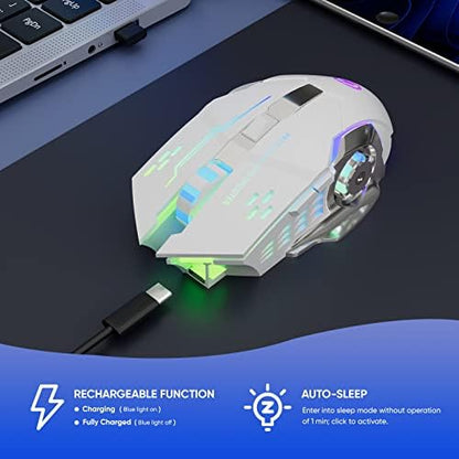 MELOGAGA Wireless Gaming Mouse Bluetooth/2.4G RGB Rechargeable -White