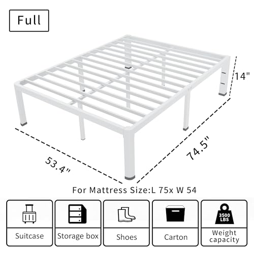 14 Inch Full Bed Frame Metal White with Rounded Corner Mattress Baffle
