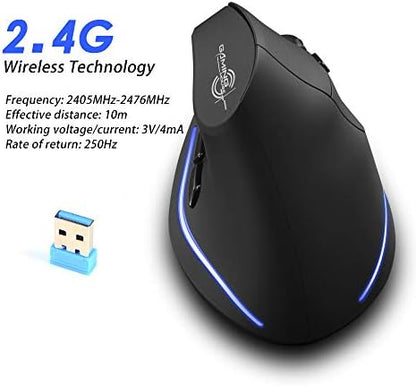 zelotes Wireless Ergonomic Mouse,2400 DPI (3-Level Adjustable),Rechargeable Vertical Mouse for Reduced Wrist Strain,LED Lighting,2.4G with USB Receiver,Optical Portable Mice for/Laptop/PC (Black)
