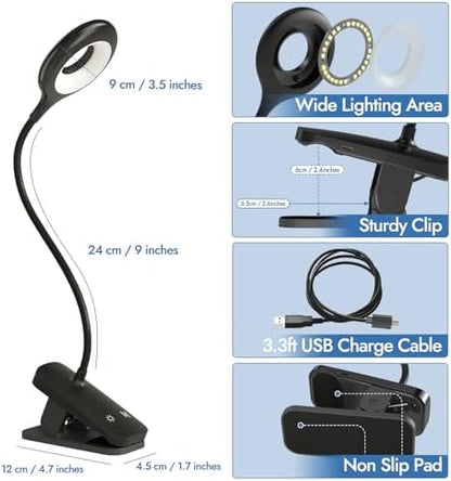 CUHIOY Rechargeable Clip on Reading Light for Bed Headboard, Black, 1 Pack