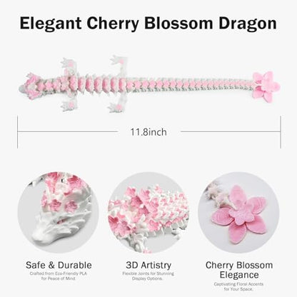 Outgoto 3D Printed Cherry Blossom Dragon – 11.8in Realistic Articulated Dragon Fidget Toy, Desk Décor and Collectible (White Pink)