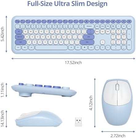 surmen Blue Keyboard and Mouse Wireless, Cute Wireless Typewriter, Full Size Slim Silent Keyboard Round Keys Aesthetic for Home and Office(Colorful Blue)
