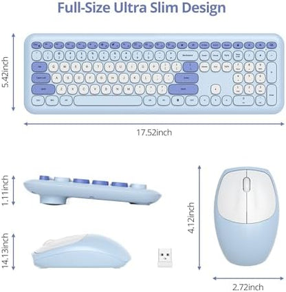 surmen Blue Keyboard and Mouse Wireless, Cute Wireless Typewriter, Full Size Slim Silent Keyboard Round Keys Aesthetic for Home and Office(Colorful Blue)