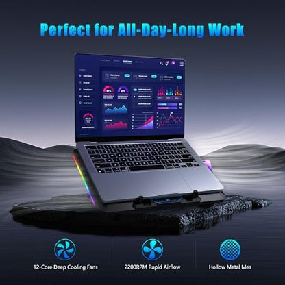 Laptop Cooling Pad with 12 Quiet Fans, Slim Portable for 12-17.3 Inch Laptop Cooler Stand, RGB Lighting, with 5 Height Adjustable, Gaming Cooling Fan Pad,Two USB Ports, Phone Holder (LCD)