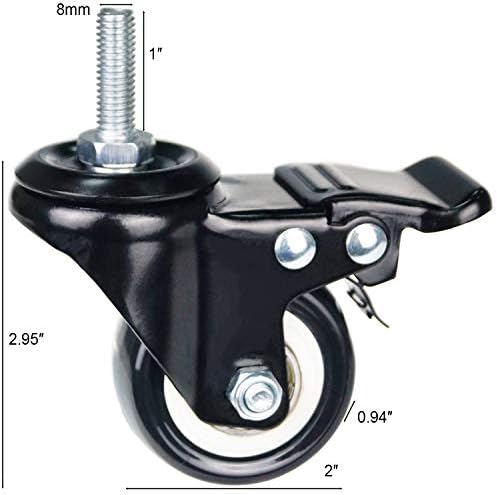 2 Inch Caster Wheels Metric Size M8×25mm Threaded Stem Casters Castors Wheels, 360 Degree Direction Double Brakes Industrial Wheel Furniture Caster for Carts and DIY Tools Pack of 4