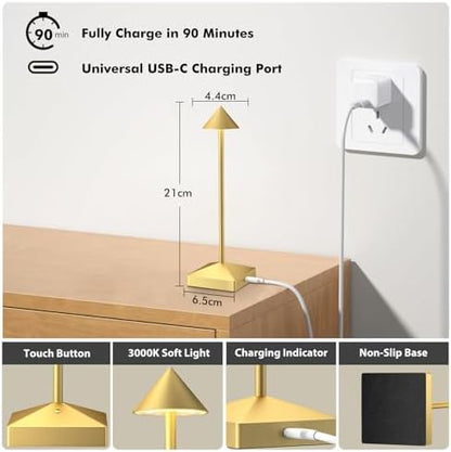 3 Pack Small Gold Rechargeable Cordless Table Lamps Dimmable