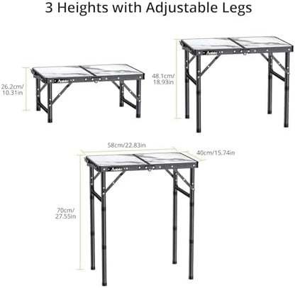 Anbte Folding Camping Table with Storage Net, 3 Adjustable Height Max 28"