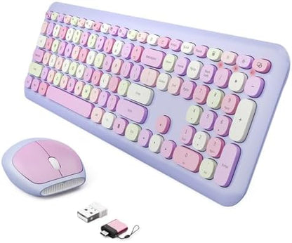 Wireless Keyboard and Mouse Combo, Colorful Ergonomic Full Size Retro Low-Noise Keyboard with Cute keycaps, Compatible with Windows, PC, Perfer for Home and Office Keyboards (Purple)