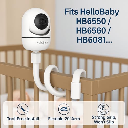 HelloBaby Baby Monitor Mount for HB6550/ Pro/ HB6550Plus/ HB6560/ HB65/ HB6240/ HB6339/ HB6351, 20 Inch Flexible Arm Bracket, Sturdy Camera Holder Attaches to Crib Cot Shelves, No Tools or Wall Damage
