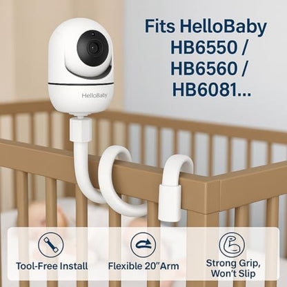 HelloBaby Baby Monitor Mount for HB6550/ Pro/ HB6550Plus/ HB6560/ HB65/ HB6240/ HB6339/ HB6351, 20 Inch Flexible Arm Bracket, Sturdy Camera Holder Attaches to Crib Cot Shelves, No Tools or Wall Damage