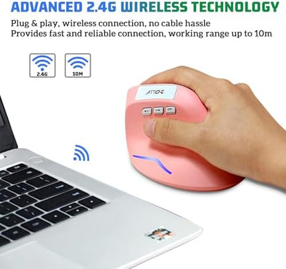 Wireless Vertical Ergonomic Optical Mouse, Pink Computer Mouse with 3 Adjustable DPI 1000/1600/ 2400, 5 Buttons for Laptop, Desktop, PC, MacBook