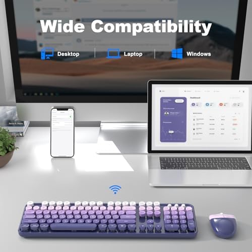 MOFII Wireless Keyboard and Mouse Combo, Full Size 2.4G Plug and Play Typewriter Retro Round Computer Keyboard and Mouse Set for Windows, Computer, Desktop, PC, Notebook - (Purple Gradient)