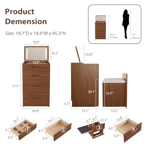 Solid Wood Small Makeup Vanity with Chair, Fully Assembled, Walnut