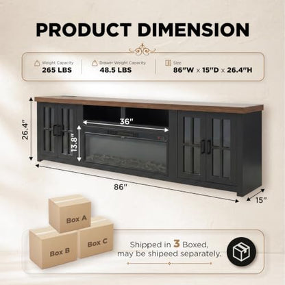 86" Wood Fireplace TV Stand, Black