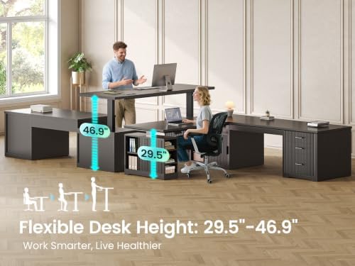 SEDETA Fluted L Shaped Standing Desk with Storage for Home Office, Black