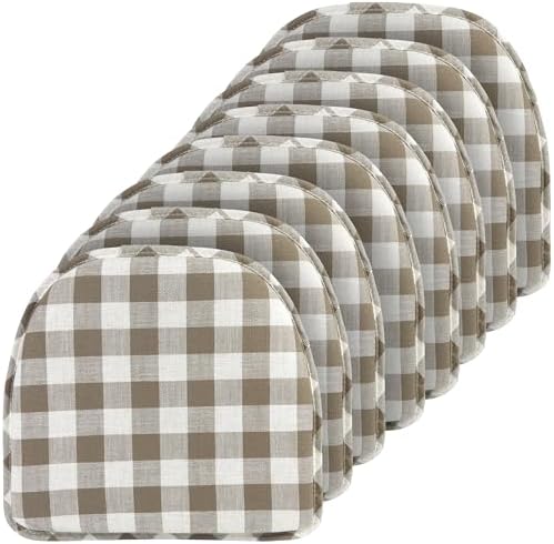 Klear Vu The Gripper Non-Slip Linen Check Dining Kitchen Chair Pads, 15" x 16" x 2", Set of 8, Liza Check Taupe
