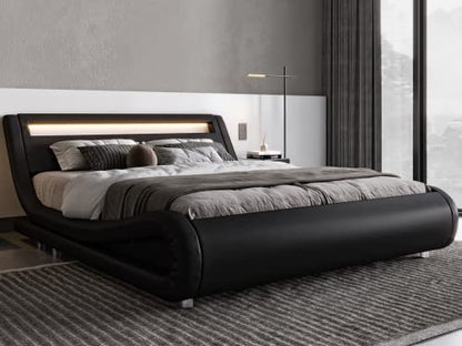 Queen Size LED Platform Bed Frame with Adjustable Headboard, Black