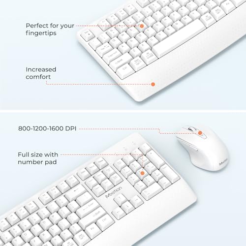 MEETION White Wireless Keyboard and Mouse Combo, Full-Size with Wrist Rest