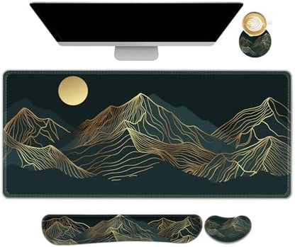 AIMSA Keyboard Mouse Pad Wrist Rest Set, Extended Desk Mat+ Ergonomic Mouse Pad with Wrist Rest+ Keyboard Wrist Support+ Coaster, 35x15.7in Large Desk Pad, Abstract Gold Sun Mountain