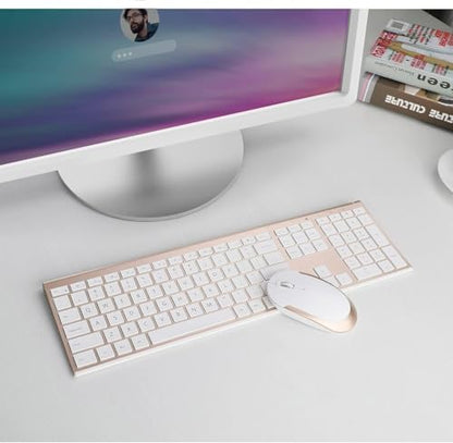 Vssoplor Wireless Keyboard and Mouse, Rechargeable Ultra Slim, White Gold
