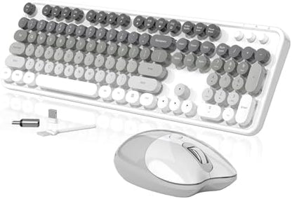 Creamy Wireless Keyboard and Mouse, MOFII 104 Round Keycaps Retro Typewriter with OTG & Brush, Full-Size Ergonomic, Ideal for Windows PC, Home, Office and College Gray White