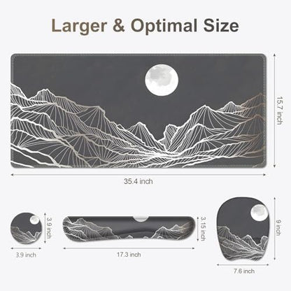 Large Mouse Pad, Keyboard Wrist Rest Set, Ergonomic Mouse Pad with Wrist Support, Desk Mat with Stitched Edges + Coaster, Extended Desk Pad Waterproof Desk Mat for Home Office Game I Moon and Valley