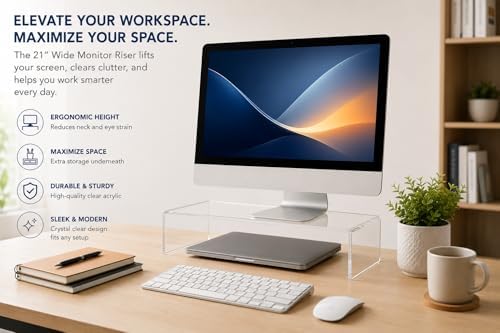 Azar 515360 Acrylic Monitor Stand Riser – Made in USA Laptop stand and Monitor Riser Acrylic Monitor Stand Riser Clear Laptop Stand for Desk Ergonomic Display Riser, Clear (21-Inch-Luxury Handcrafted)