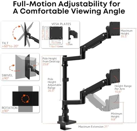 Dual Monitor Arm for 17-57'' Ultrawide Screens, Heavy Duty, Black