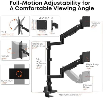 Dual Monitor Arm for 17-57'' Ultrawide Screens, Heavy Duty, Black