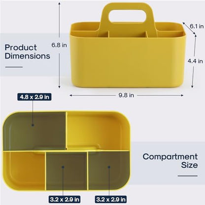 Multiuse Caddy Organizer with Handle, Portable Divided Plastic Tote Bin - Art Craft, Stationary Pen Marker Crayon, Makeup Hair Supplies Storage - Bathroom, Classroom, Dorm, Office, Desk Holder -Yellow